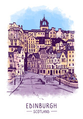 Obraz premium Architecture sketch illustration. An urban colorful landscape of Eiffel Tower and the river Seine, Paris, France, Europe. Freehand digital drawing. Hand drawn travel postcard. Banner, poster design.