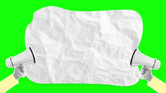 Retro collage animation: hands with megaphones and crumpled paper on green screen. Creative announcement and marketing concept for chroma key.