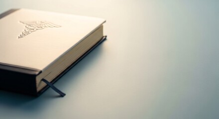 Medical caduceus symbol embossed on cover of closed book with ribbon bookmark, symbolizing medical knowledge and research for healthcare professionals and students, subtle lighting.