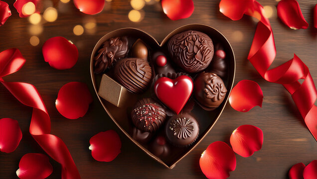 Caja de bombones en forma de coraz&oacute;n con chocolates gourmet, p&eacute;talos de rosa rojos y listones elegantes sobre una mesa de madera oscura.