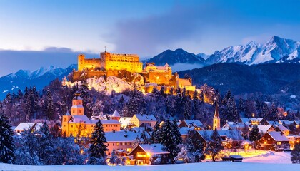 Obraz premium Snowy Landscape with Illuminated Castle and Mountains.