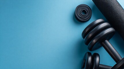 Black home workout equipment displayed on a blue background, representing fitness, sports, and a healthy lifestyle concept. Ample copy space included.