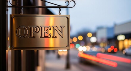 Golden open sign hanging outside shopfront in city street at dusk, blurred lights and traffic trails create dynamic urban backdrop