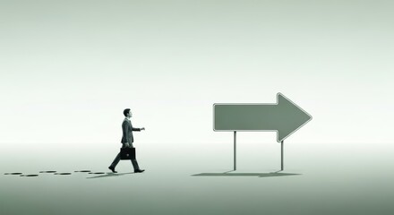 Fototapeta premium Businessman walking towards directional arrow symbolizing career progress and decision making