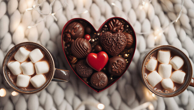 Caja de bombones en forma de coraz&oacute;n junto a dos tazas de chocolate con malvaviscos sobre una manta de lana blanca con luces de hadas.