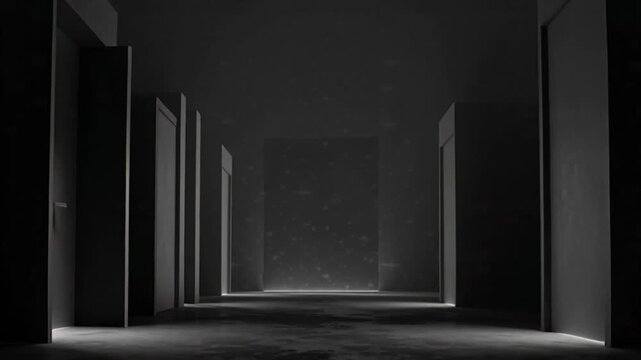 A dark, mysterious corridor with multiple doors receding into shadow and light.