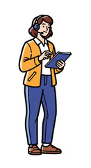 Cartoon female customer service representative wearing headset and orange jacket holding blue folder while standing in profile view illustration on transparent background