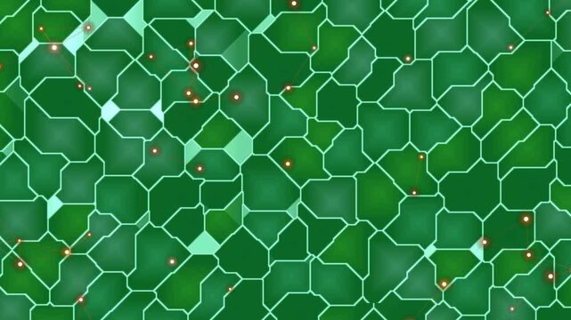 Intricate Green Hexagonal Pattern with Small Red Dots Creating a Mesh Effect