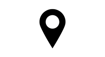 A black and white icon of a location pin on a white background.