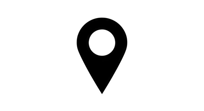 A black and white icon of a location pin on a white background.