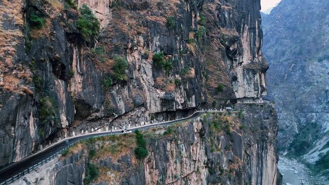 Aerial View of Mountain Road Carved Into Cliffs in Kinnaur Valley, Himachal Pradesh, India