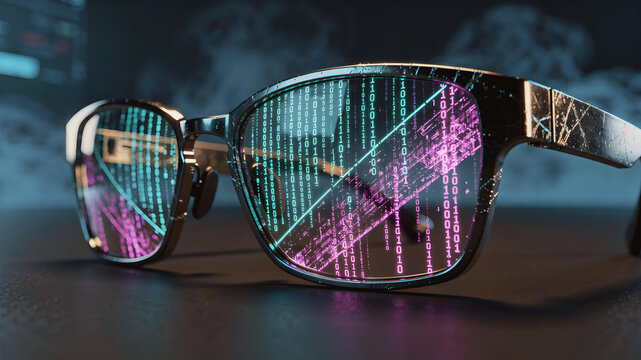 photo of a pair of modern glasses the lenses feature a sharp vivid reflection computer programming binary code in neon blue with smoke bokeh background with copy space for campaigns hd quality