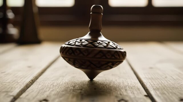 Close-up of carved wooden spinning top rotating steadily on timber surface after hand sets it in motion