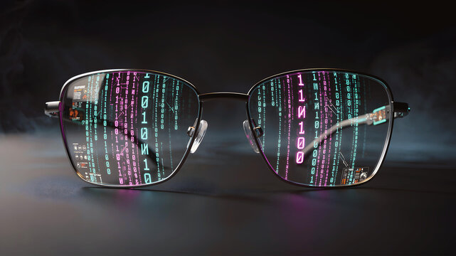 photo of a pair of modern glasses the lenses feature a sharp vivid reflection computer programming binary code in neon blue with smoke bokeh background with copy space for campaigns hd quality