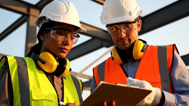 Safety workers inspect construction site with checklist or Construction team reviews building project with paperwork