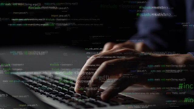 A close-up shot of hands typing on a keyboard while glowing lines of code float in the dark, emphasizing the intersection of technology and creativity in programming. Xenic