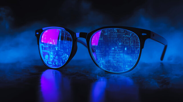 photo of a pair of modern glasses the lenses feature a sharp vivid reflection computer programming binary code in neon blue with smoke bokeh background with copy space for campaigns hd quality