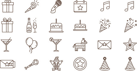 Black and white line drawing of 20 different party icons isolated on transparent background © RAC.Design-Magic