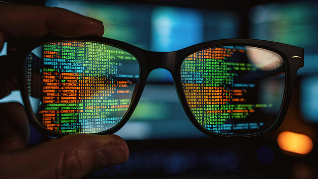 photo of modern glasses held by human fingers the lenses feature a sharp vivid reflection computer programming binary code in neon blue bokeh background with copy space for campaigns hd quality