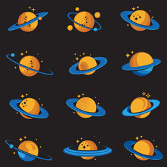 design collection of planet saturn with stars isolated on black background