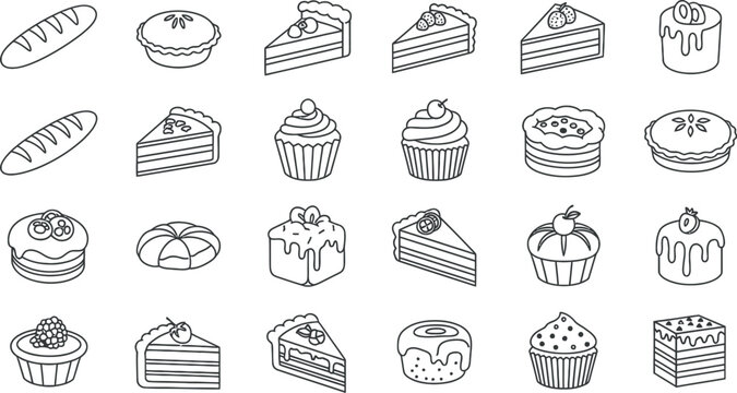 A collection of 20 different cake and pastry illustrations isolated on transparent background