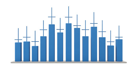 Blue three dimensional bar chart graph showing statistical data analysis and financial performance with vertical lines and grid background for business report