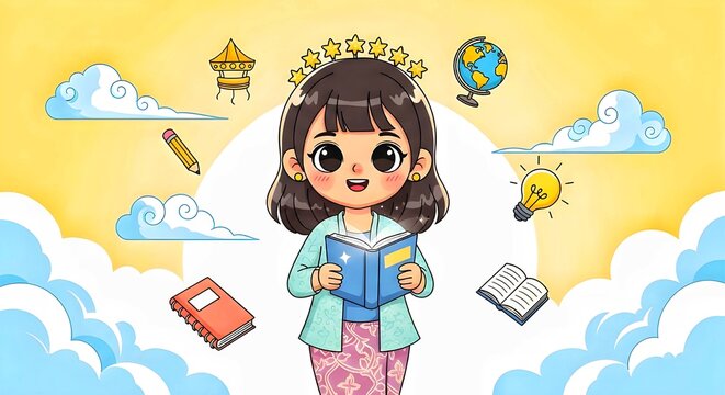 Cute cartoon illustration for Hari Kartini celebration, cheerful young Indonesian girl inspired by R.A. Kartini wearing simplified modern kebaya with soft pastel batik pattern
