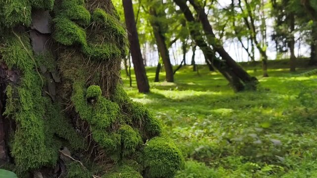 Looking up from the base of a moss-covered tree trunk, its surface richly layered with thick green moss. A soft-focus green forest in the background and gentle natural light