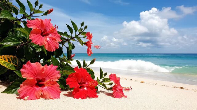 Tropical hibiscus flowers on sandy beach with ocean waves gently rolling under a blue sky