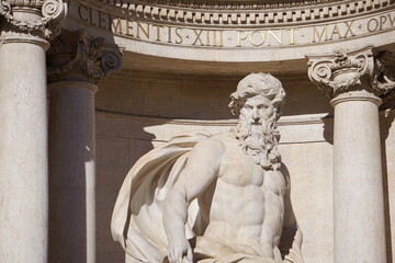 Frontal close up of the monumental statue of the mythological titan Oceanus among the baroque...