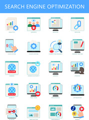 Search Engine Optimization flat color icon pack. contain analytics, audience, back link, click action, cloud, hosting, research, content, domain and more. Vector for UI, UX, web and app development.