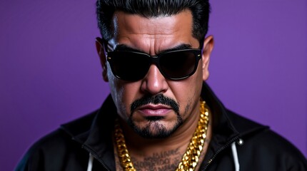 Obraz premium Close-up portrait of a serious man wearing black sunglasses and a gold chain against a purple background, bold urban style concept.