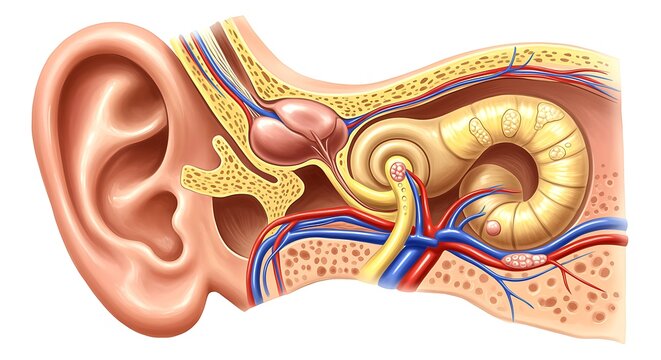 Anatomy of the human ear with detailed internal structures and blood vessels  ear anatomy  inner ear  human body