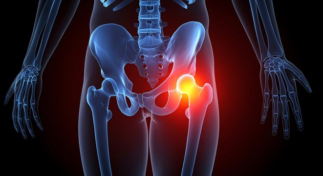 Human skeleton with highlighted painful hip joint and glowing red spot on pelvis and femur bones  medical anatomy concept