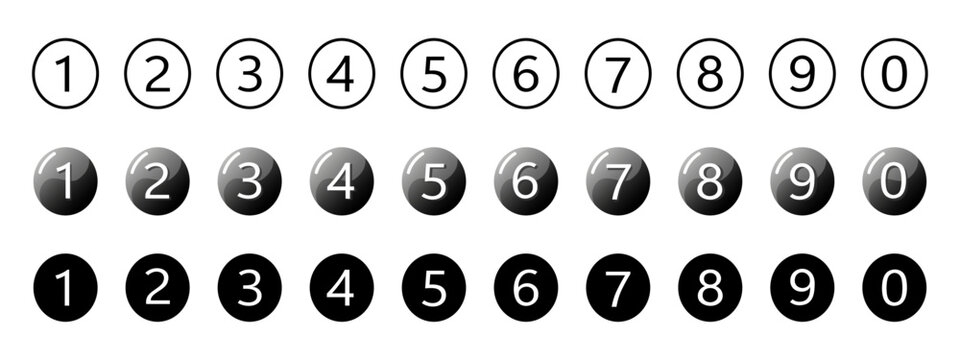 Counting numbers set from 0-9 in circle stroke, gradient and fill style isolated on transparent background. Bullet point numbers icon set. Steps, numeric typography of numbers from 0 to 9 for apps.