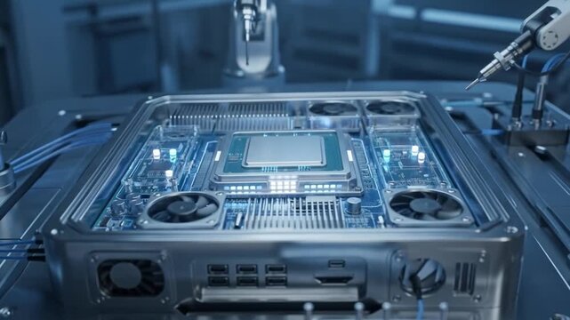 Robotic assembly of futuristic computer motherboard with glowing components