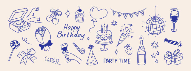 Hand drawn happy birthday doodle vector set. Cute illustrations for greeting cards, invitations and celebration design. © Loya.art