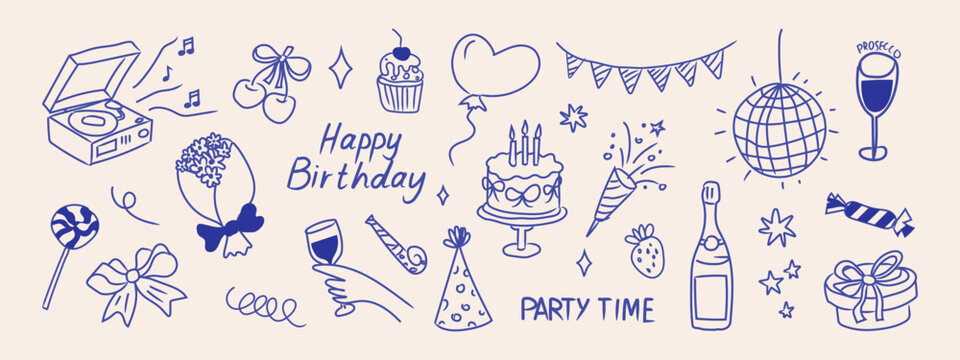 Hand drawn happy birthday doodle vector set. Cute illustrations for greeting cards, invitations and celebration design.