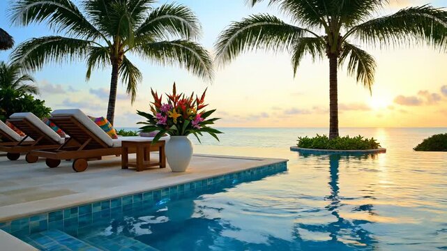 Tropical resort infinity pool with palm trees at stunning sunset