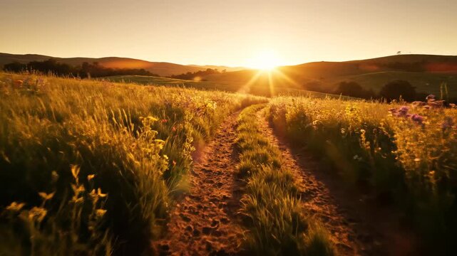 Golden hour sunshine over winding dirt path through rural meadow with swaying wildflowers and tall grass leading to rolling hills