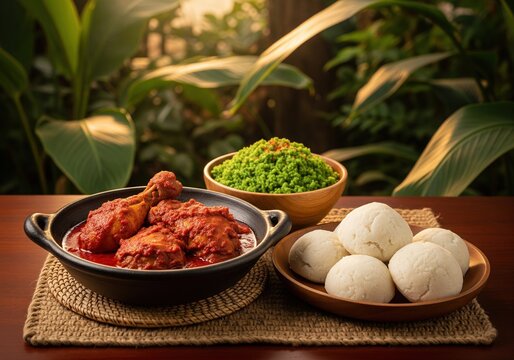 Delicious Congolese Moambe chicken stew served with fufu and saka saka on wooden table