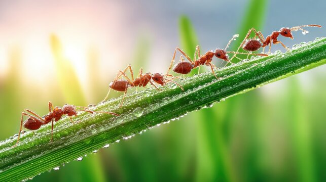 Detailed macro of red ants climbing on dew-covered grass stem at sunrise. Wildlife and teamwork
