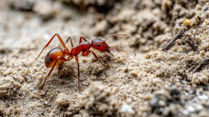 Close-up of red ant exploring sandy ground with textured soil and natural light. Detailed insect macro. Nature and ecosystem