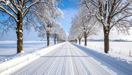Obraz premium Snow Covered Road with Trees Winter Landscape.