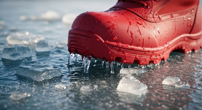 Red boot on ice with melting ice cubes in winter landscape