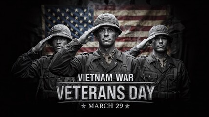Three Brave American Soldiers Saluting in Front of US Flag for Cinematic Vietnam War Veterans Day Commemoration Cinematic Poster