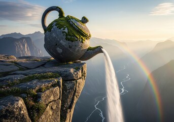 Fototapeta premium Giant stone teapot with moss pouring waterfall from cliff into mountain valley with rainbow
