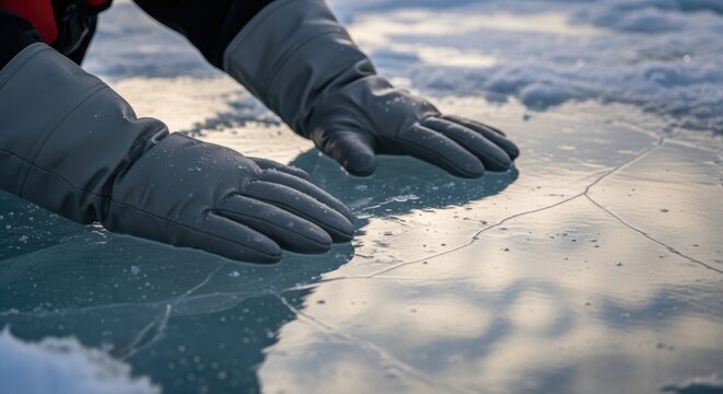 Winter adventure exploring frozen lakes with gloved hands on ice