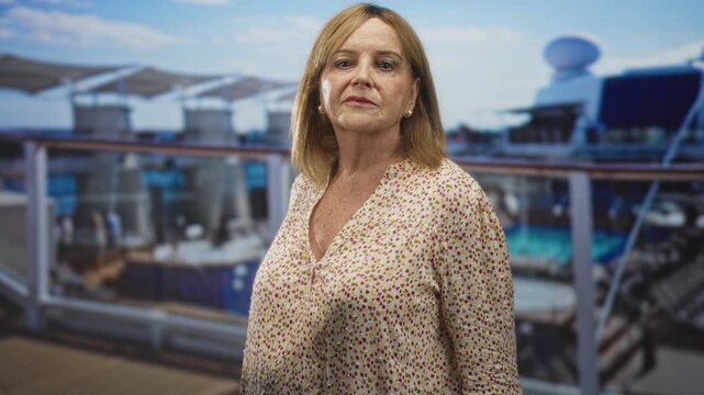 Middle age woman stands facing camera by pool railing on building deck wearing patterned blouse and pearl earrings; contemplation.