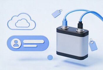 Fototapeta premium Contemporary digital battery with cloud connectivity symbols showcasing user profiles and metadata tags emphasizing the future of energy management and digital identity